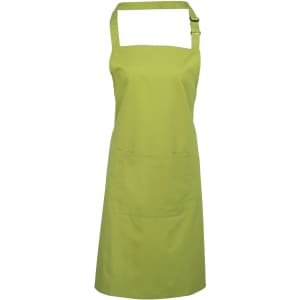 A bright green bib apron with a pocket and an adjustable neck strap. Features a simple design and has a logo.