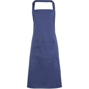 A navy blue bib apron featuring a front pocket and an adjustable neck strap. It includes branding.