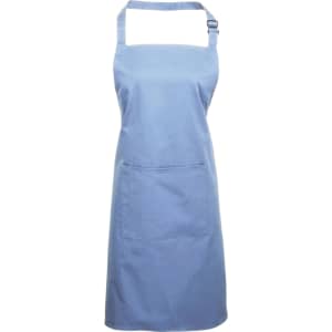 A blue bib apron featuring an adjustable neck strap and a front pocket, with a branding logo present.