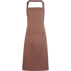 A brown bib apron with a pocket and an adjustable neck strap, featuring a logo.