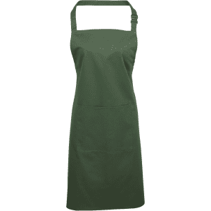 A green bib apron with a pocket and an adjustable neck strap, featuring a logo.