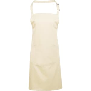 A beige bib apron with a pocket and adjustable straps, featuring a logo.
