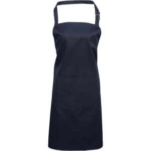 A navy blue bib apron with a pocket and an adjustable neck strap, featuring a logo.