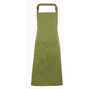 An olive green bib apron with a pocket and adjustable neck strap. It features a logo on the front.