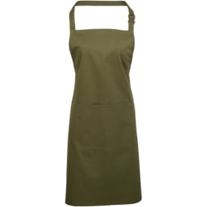 A green apron with a pocket and an adjustable neck strap, featuring a logo.