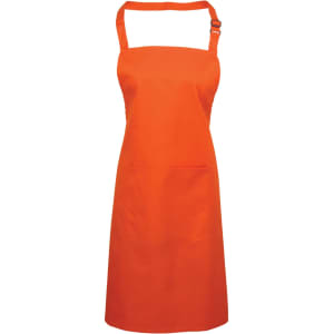 An orange bib apron featuring an adjustable neck strap and a front pocket. It has a logo on it.