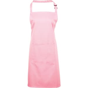 A pink bib apron with a pocket, featuring adjustable straps and a simple design. It includes a logo.