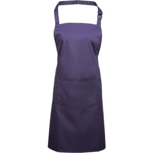 A purple bib apron with a pocket, featuring an adjustable neck strap and a simple design. It has a branding logo.