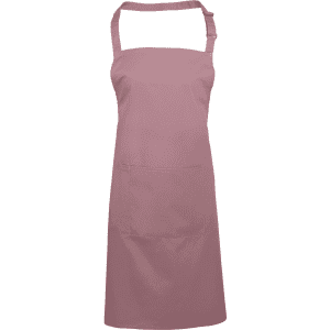A pink bib apron with a pocket and adjustable strap. It features a plain design.
