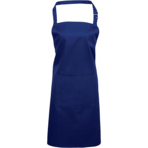 A navy blue bib apron features a front pocket and an adjustable neck strap, with a logo on the chest.
