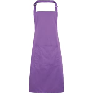A purple bib apron featuring a pocket and an adjustable neck strap. It has a simple design and a logo.