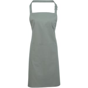 A grey bib apron with a pocket and an adjustable neck strap, featuring a logo.