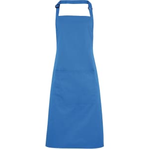 A blue bib apron with a pocket, featuring a neck loop and adjustable straps. It has a plain design and a logo.