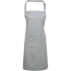 A grey bib apron with a pocket and adjustable neck strap. It features a simple design and has a logo.