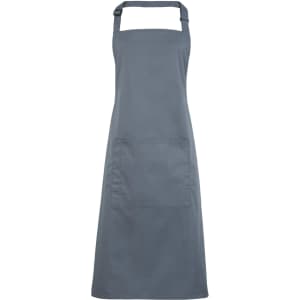 A grey bib apron with a pocket, suitable for workwear. The apron features an adjustable neck strap.