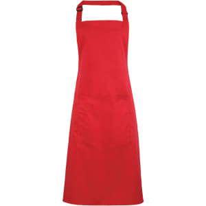 A red bib apron with a pocket and adjustable neck strap, featuring a branding logo. Ideal for workwear use.