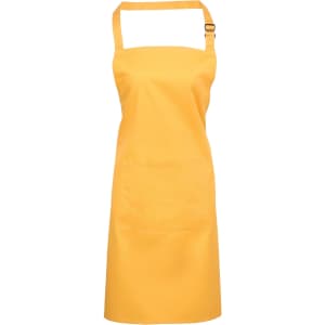 A yellow bib apron with a pocket and an adjustable strap, featuring a logo.