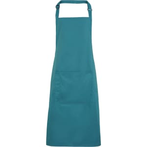 A teal bib apron featuring a front pocket and an adjustable neck strap. The apron includes a logo.