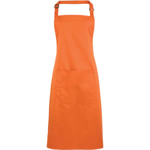 An orange bib apron with a pocket, featuring adjustable straps and a solid colour design.