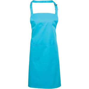 A turquoise bib apron featuring a pocket and adjustable neck strap, designed for professional workwear.