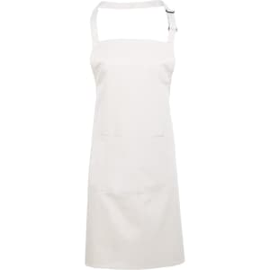 A white bib apron with a pocket and an adjustable neck strap, featuring a logo.