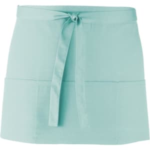 A mint green three-pocket apron with a tied waist, featuring a simple design and a logo.