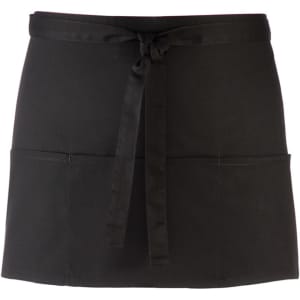 A black 3-pocket apron with a tie belt, featuring a simple, clean design suitable for workwear.
