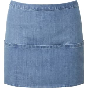 A denim-coloured three-pocket apron with a fitted design. It features a front pocket and a logo.