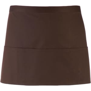 A brown 3-pocket apron featuring a simple design and a logo. Ideal for workwear use.