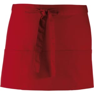 A red 3-pocket apron with a tied waist, featuring a smooth fabric finish and a logo.
