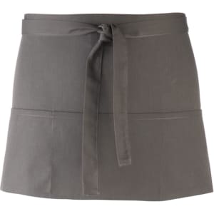 A grey 3-pocket apron with a tied waist, featuring two front pockets and a clean design.