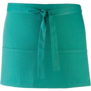 A teal 3-pocket apron with ties, featuring a simple design and a logo on the fabric.