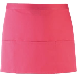 A pink three-pocket apron featuring a simple design and an unobtrusive logo. Suitable for various work settings.