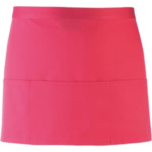 A pink 3-pocket apron featuring a simple design and a logo. Ideal for workwear use.
