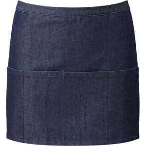 A dark denim 3-pocket apron with a sleek design, featuring a large front pocket and a simple branding logo.