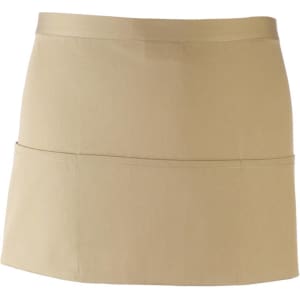 A beige 3-pocket apron featuring a simple design and a logo, suitable for workwear.