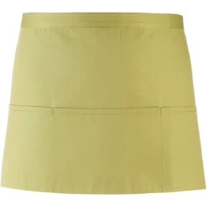A light green 3-pocket apron with a simple design and a logo present.