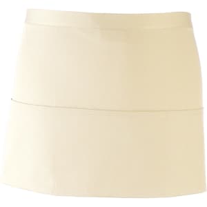 A cream-coloured 3-pocket apron featuring a simple design and a logo on the front.