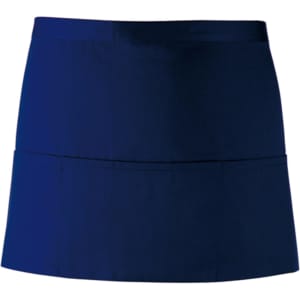 A navy blue three-pocket apron with a sleek design and a logo on it. Suitable for various workwear applications.