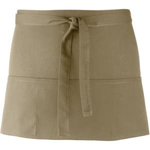 A khaki 3-pocket apron with a tied waist and a smooth fabric finish. It has a logo on the front.
