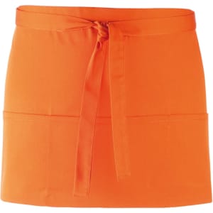 An orange 3-pocket apron with a tied waist, featuring a sleek and simple design.
