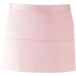 A pink 3-pocket apron featuring a simple design and a branded logo at the top.