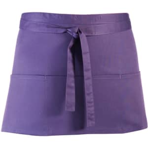 A purple 3-pocket apron with a tied waist, designed for workwear use. It features a plain design and has one logo.