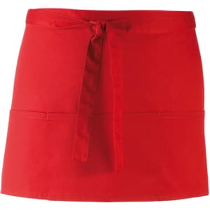 A red 3-pocket apron with a tie waist, featuring a logo and simple design.