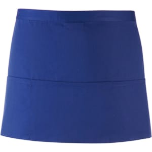 A blue three-pocket apron featuring a simple design and a logo on the front.