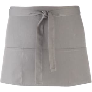 A grey three-pocket apron featuring a waist tie and minimalistic design. It includes a logo.