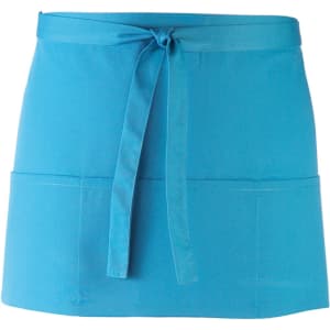 A turquoise three-pocket apron with a tied waist, designed for workwear use. Includes a logo.