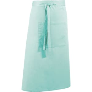 A mint green apron featuring a front pocket and a tied waist, designed for workwear. It has a branding logo.