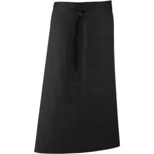 A black apron with a waist tie and a front pocket, suitable for workwear use.