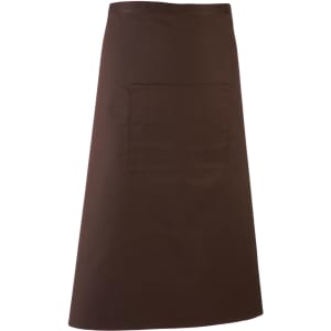 A brown apron featuring a front pocket and a simple design, suitable for various workwear needs.